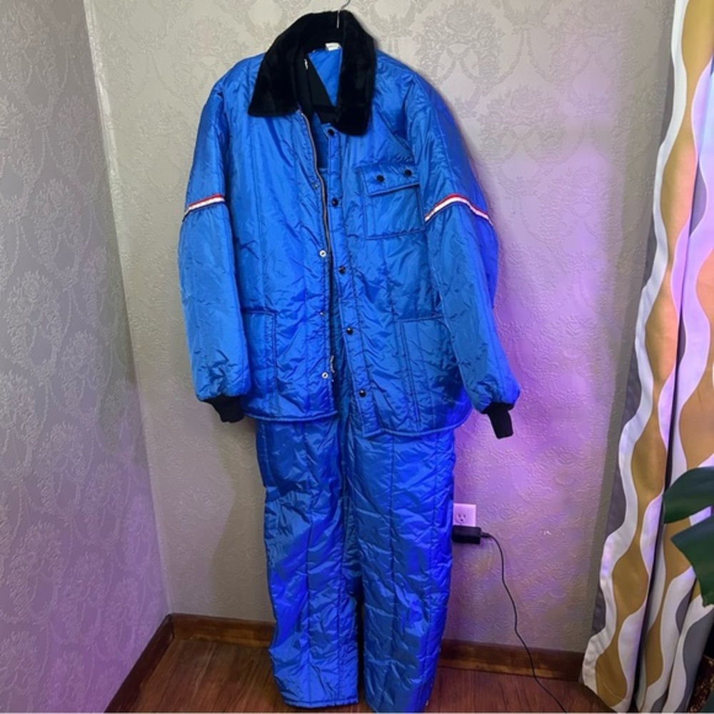 Blue Quilted Jacket and Pants Set Vintage Ski set Suit Snowmoblie warm 70’s